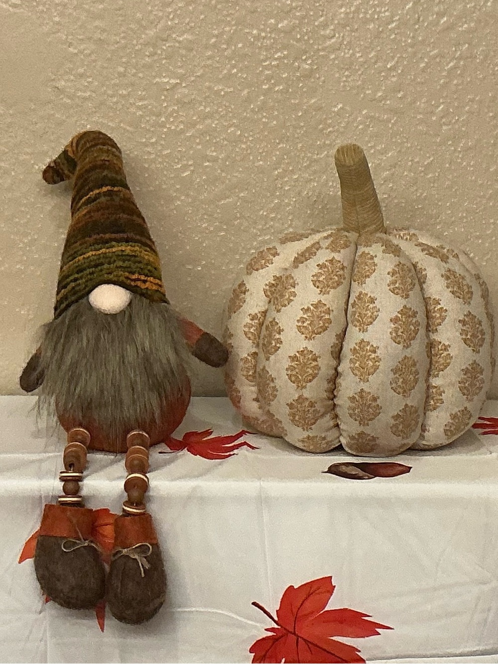 Autumn Gnome Plush with Gold & Beige Patterned Pumpkin. New